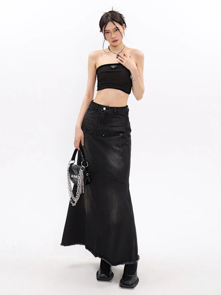 Denim Maxi Skirts Women Black Washed Vintage High Waist Summer Elegant Streetwear Y2k Clothes All-match Youth Retro Faldas Mujer