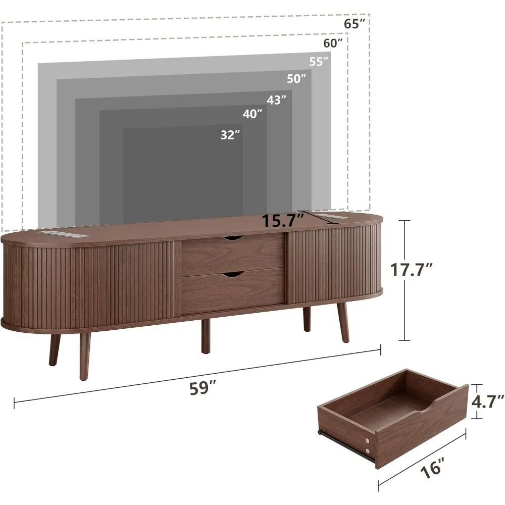 حامل تلفزيون حديث لمنتصف القرن مقاس 59 بوصة مع محطة شحن، وطاولة وحدة تحكم وسائط تلفزيون بحافة منحنية مع درج ورف، #2