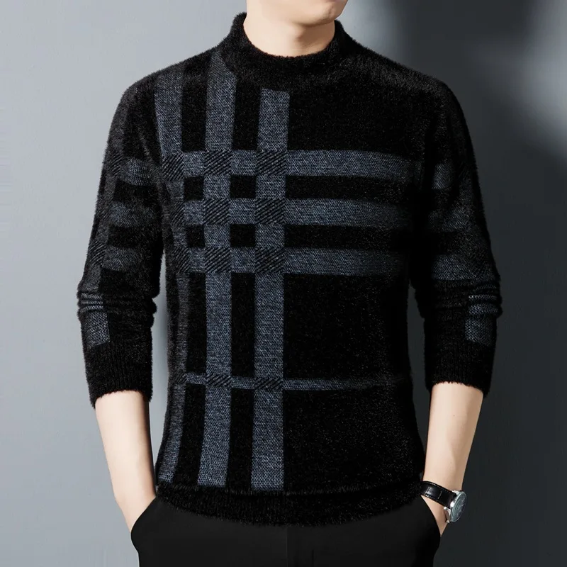 Men's Round Neck Sweater Middle-aged Casual All-match Striped Thickened Ferret Velvet Knitted Top