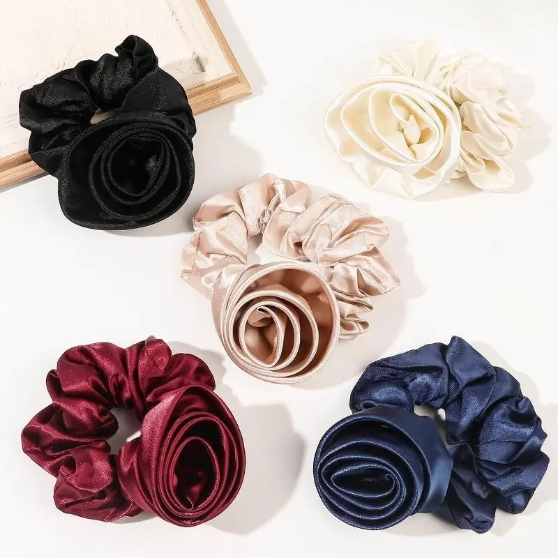 Elastic Korean Hair Bands Flower Design Rubber Band Big Flower Scrunchies Charms Satin Material Satin Hair Rope Casual Wear