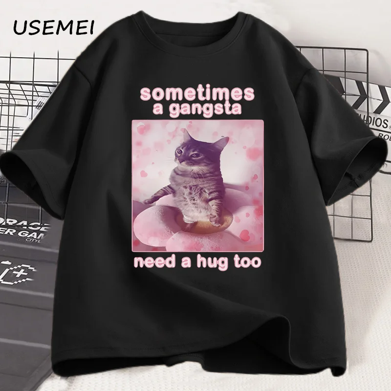 

Funny Cat Meme T Shirt Sometimes A Gangsta Need A Hug Tshirt for Her Goofy Ahh T-Shirt Freaky Tees Unhinged T-shirt Graphic Tees