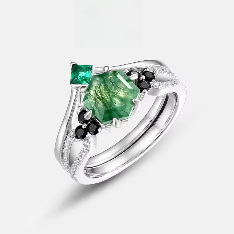 

Geometric Water Agate Stacked Ring S925 Silver Plated 18K Gold Inlaid with Colored Gemstone PT950 Platinum Green Moss Stone