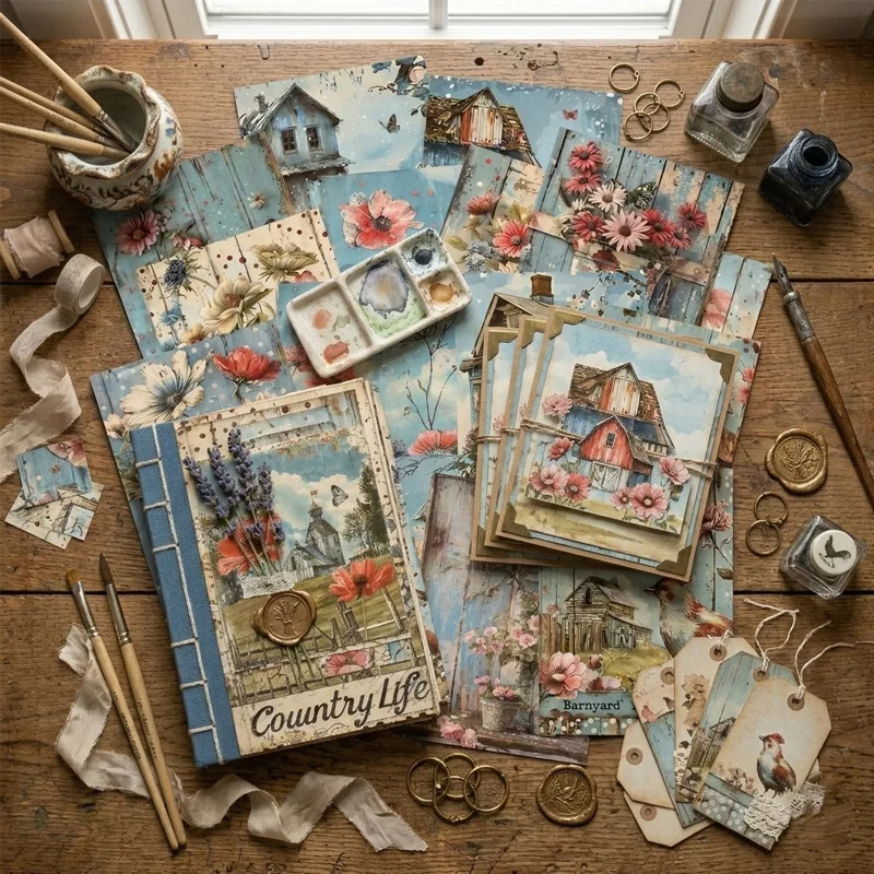 Country Life Vintage Farmhouse Rooster Wildflower Wood Plank Print Paper Pad Scrapbooking Cardstock Journal Background DIY