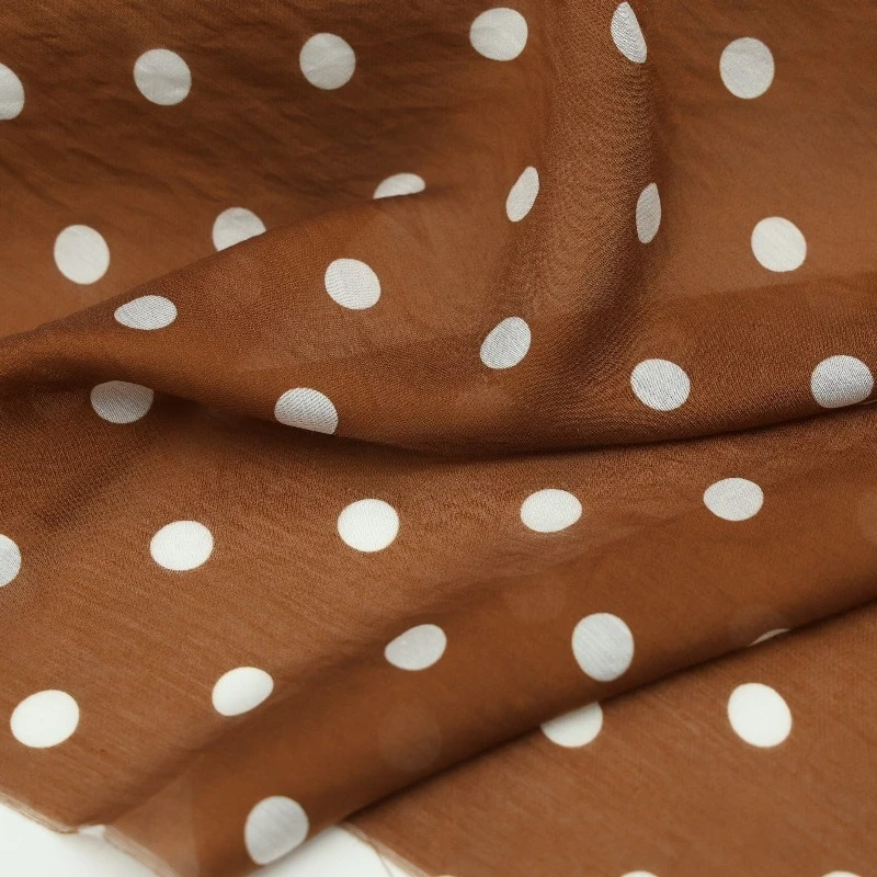 Caramel Brown Polka Dot Printed Lyocell  Polyester Linen Fabric Thin Slightly Transparent Texture Shirt Hanfu Skirt Fabric