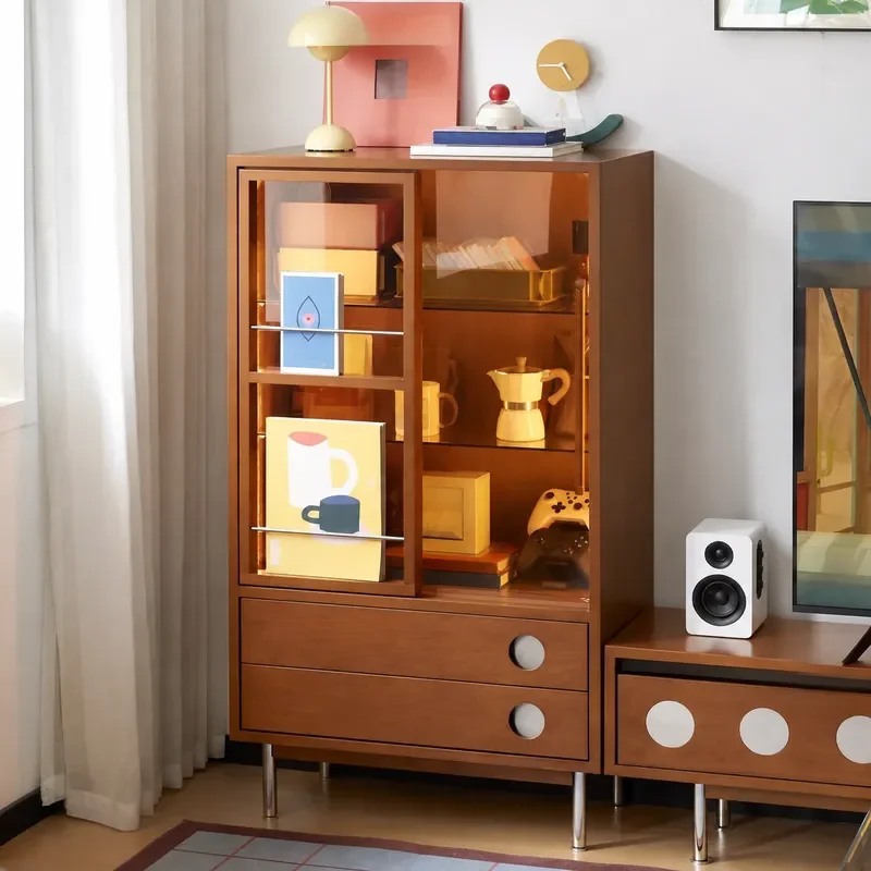 Nordic Solid Wood Bookcase Retro Living Room Storage Cabinet Medieval Style Bucket Display Shelf Wall Mounted Integrated