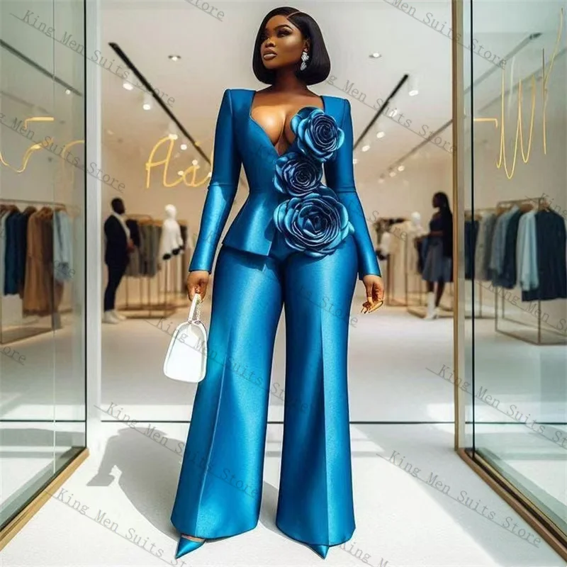 

Blue Satin Women Suit Set 2 Pcs Blazer+Loose Pants Trousers 3D Flower Spring Customized Formal Guest Wedding Tuxedos Coat Jacket