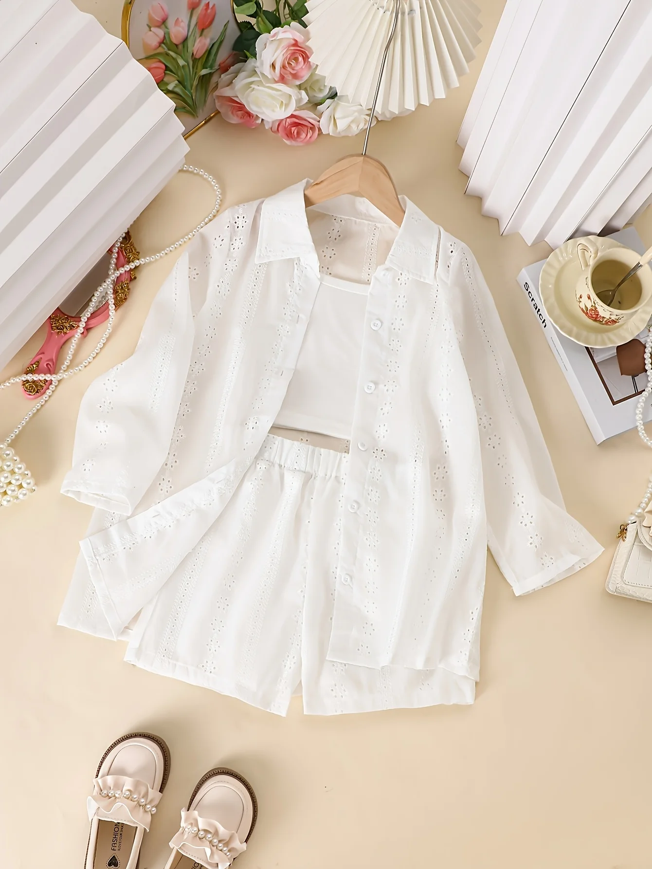 Girls' three piece solid color long sleeved hollow embroidered flower jacket and camisole top shorts for vacation and leisure