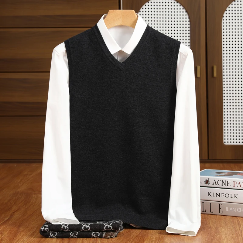 2025 New Men's knitted Business Vest Australia Pure Wool Pullover Sweater Casual High-quality Solid Color V-Neck Loose Tops