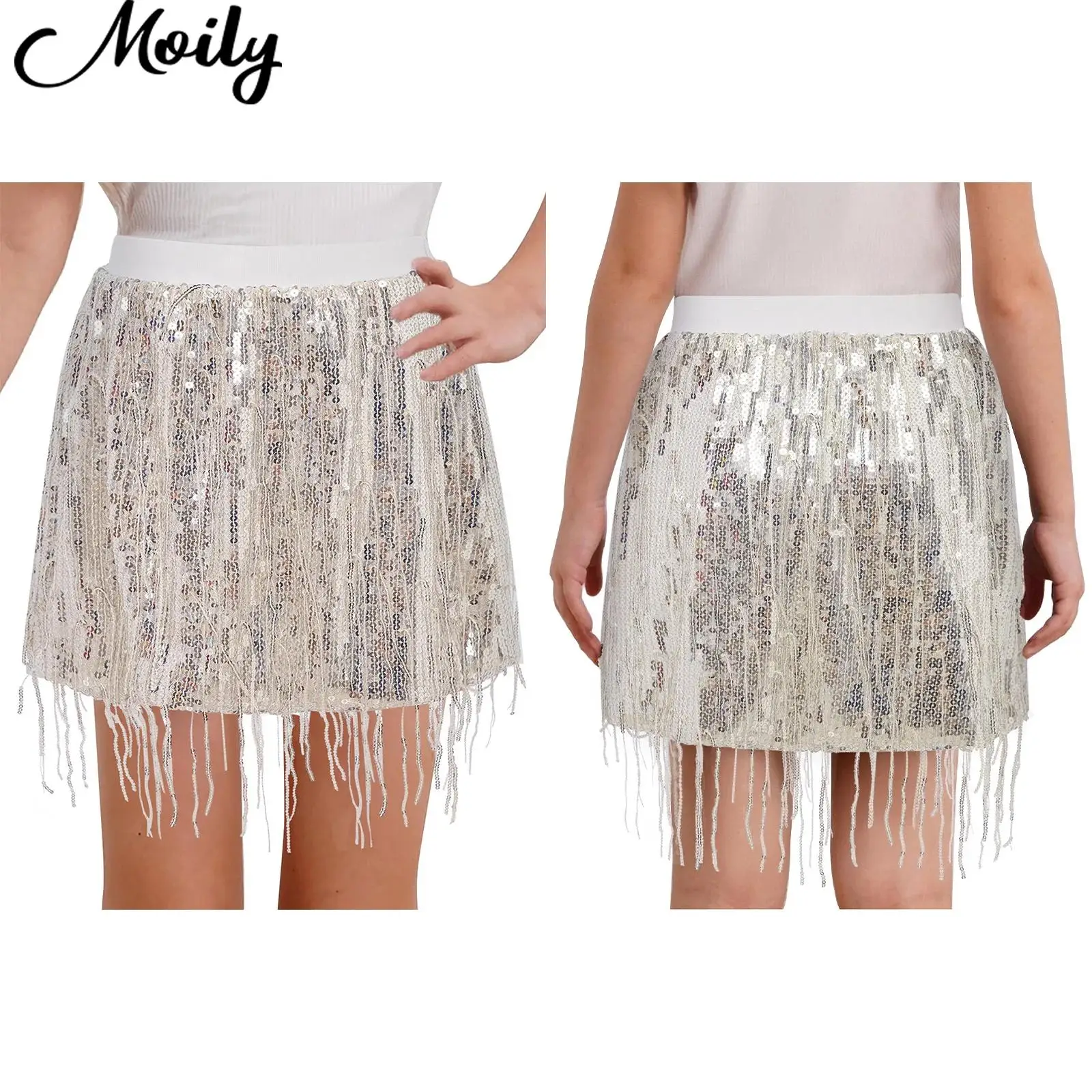 

Children's Stylish Skirts Girls Jazz Latin Dance Belly Dance Costume Stretchy Sparkling Sequin Tassel Skirt Performance Costumes