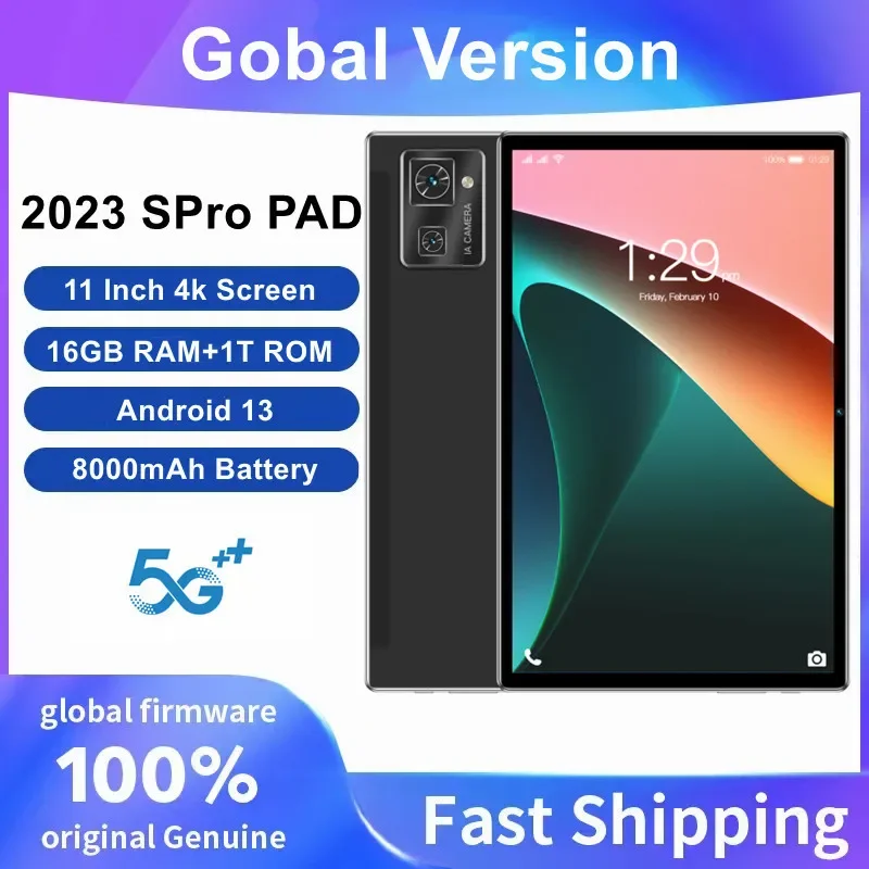 2023 Gobal 버전 태블릿 PC, 안드로이드 13, 16GB RAM, 1T ROM, 데카 코어, 구글 플레이, WPS, 5G, 와이파이, 블루투스, 핫 세일 노트북, 11 인치, 신제품