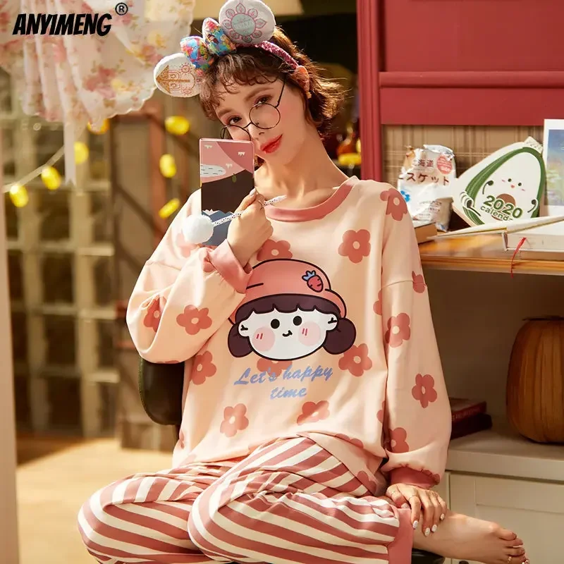 

HQ 100% Cotton Woman's Cartoon Pajamas Set Spring Autumn Long Sleeves Pullover Sleepwear Fashion Homsuits Girls Casual Pyjamas