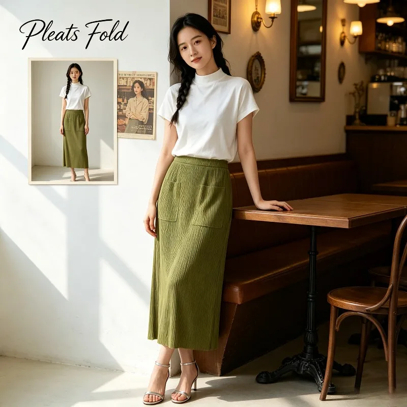 Miyake Pleated New 2026 Pocket Half-Length Skirt Summer High-Waisted Straight One-Step Skirt Versatile Pleated Mid-Length Skirt