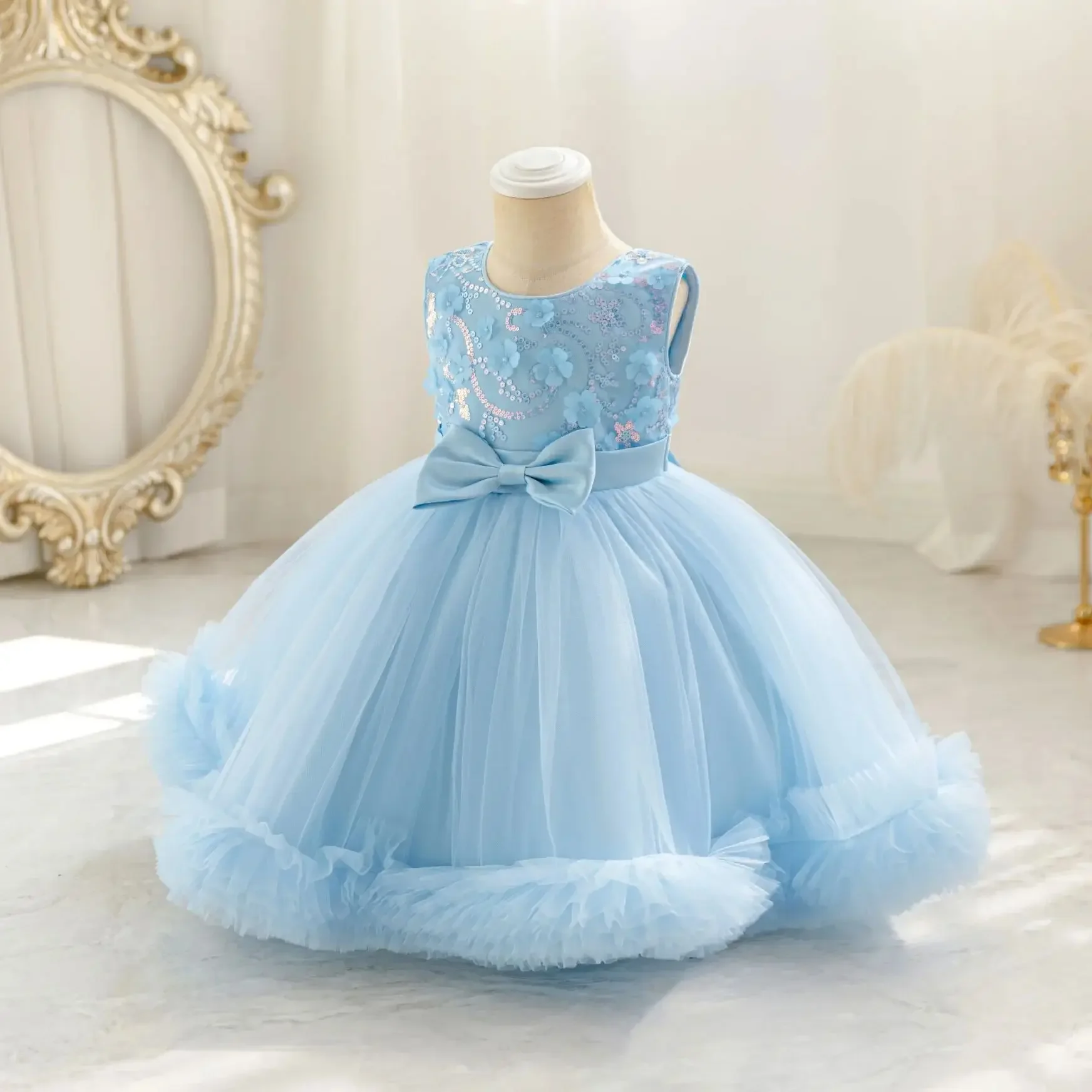 Tulle Puffy Flower Girls Dresses Sky Blue Lace Sequins Kids Birthday Princess Ball Gowns For First Communion Party
