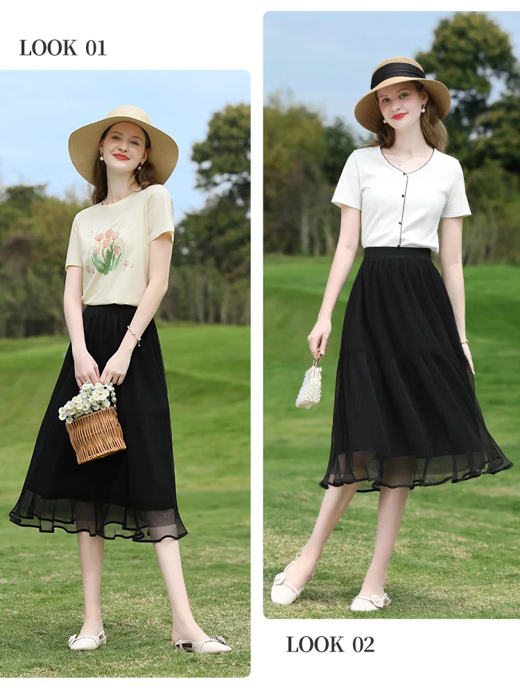 أعتقد أنك تنورة شبكية سوداء مرقعة على شكل حرف a للنساء لصيف 2025 بخصر مطاطي عالي الخصر تنورة متوسطة الطول بتصميم عتيق 2252026057