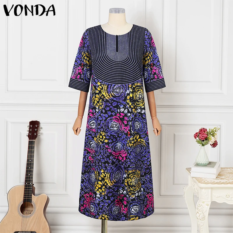 VONDA ชุดเดรสยาวผู้หญิง ดีไซน์หรูหรา แขนครึ่งตัว ลายดอกไม้ ชุดลำลองทรงหลวม สไตล์สตรีทแวร์ ชุดเดรสโอเวอร์ไซส์