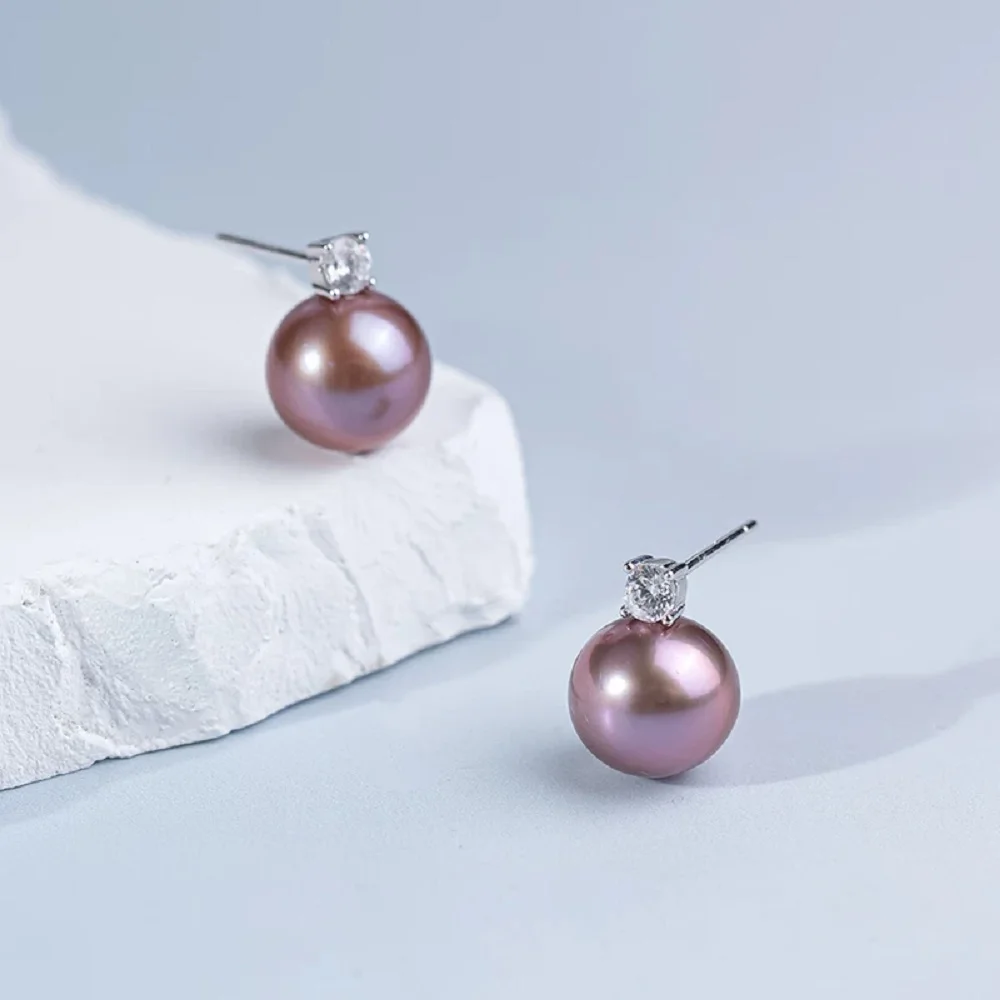 Natural Pearl Earrings 925s Pure Silver Purple Pearl Earrings AAAA9-10mm/10-11mm