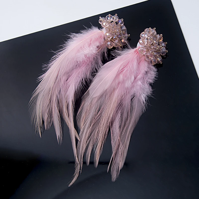 Korean Style Crystal Flower Drop Earrings for Women Long Tassel Pink Feather Dangle Earrings Fashion Jewelry Accessories