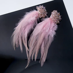 Korean Style Crystal Flower Drop Earrings for Women Long Tassel Pink Feather Dangle Earrings Fashion Jewelry Accessories