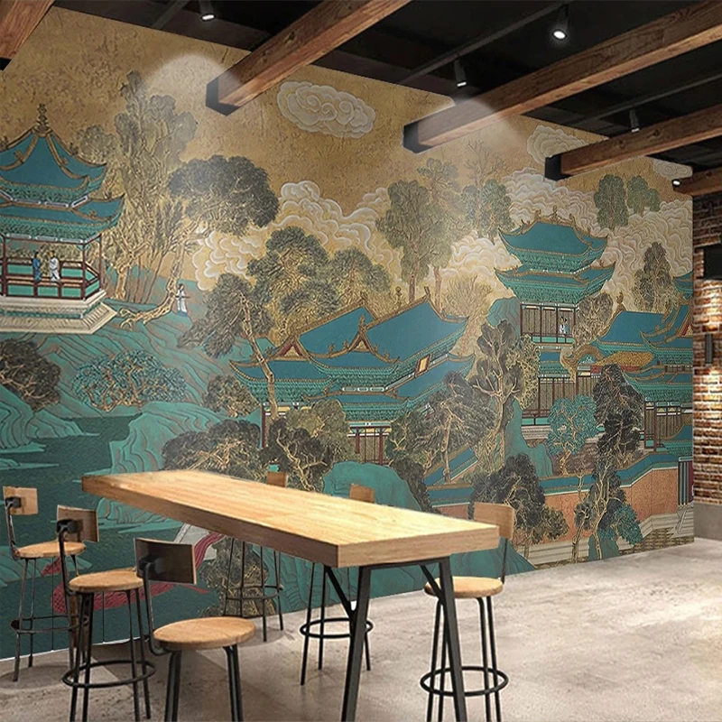 Custom Mural Wallpaper Chinese Style Hand Painted Architecture Temple Fresco Living Room Dining Room Background Wall Painting 3D