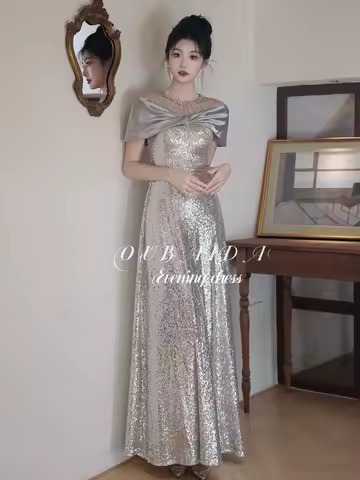 Women's Silver Evening Dress Light Luxury Beading Sequined Prom Gowns 2026 New Short Sleeved Shiny Fishtail Dresses