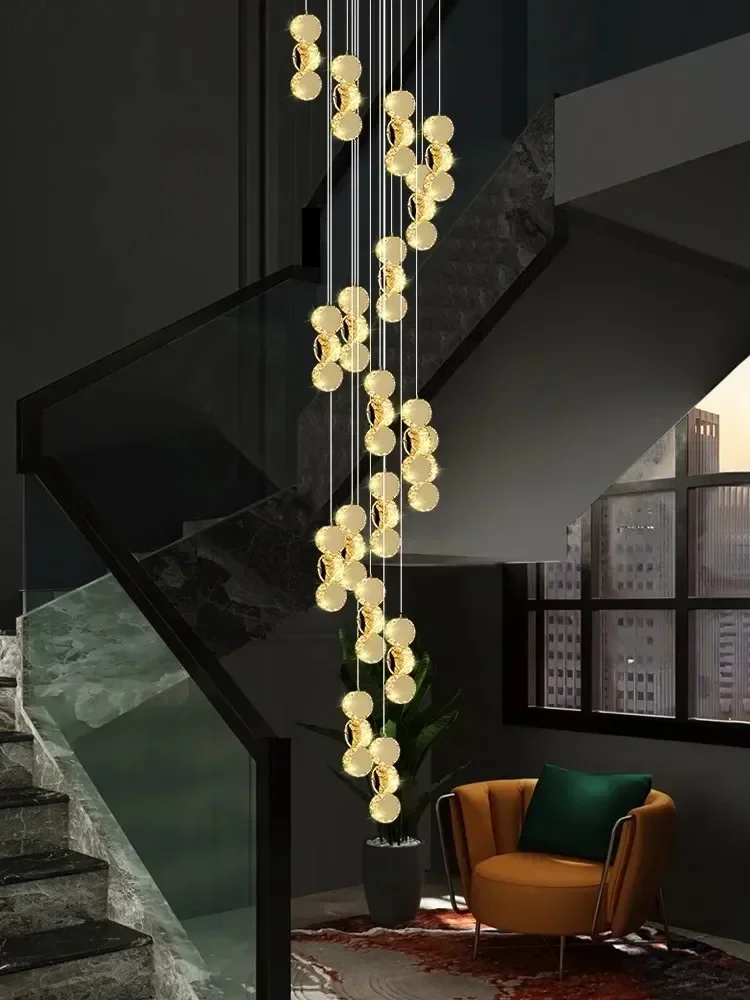 YECTSKIRotating staircase long chandelier villa living room chandelier Interior designer crystal chandelier modern LED gold chan