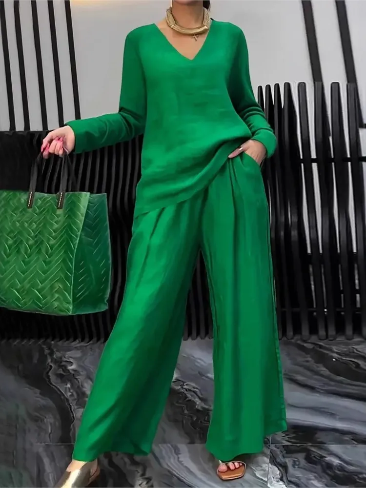 

Spring Autumn Fashion Solid Two Piece Suit Women's V-neck Loose Top+Wide Leg Pants Set Ladies Stylish Long Sleeve Office Outfit