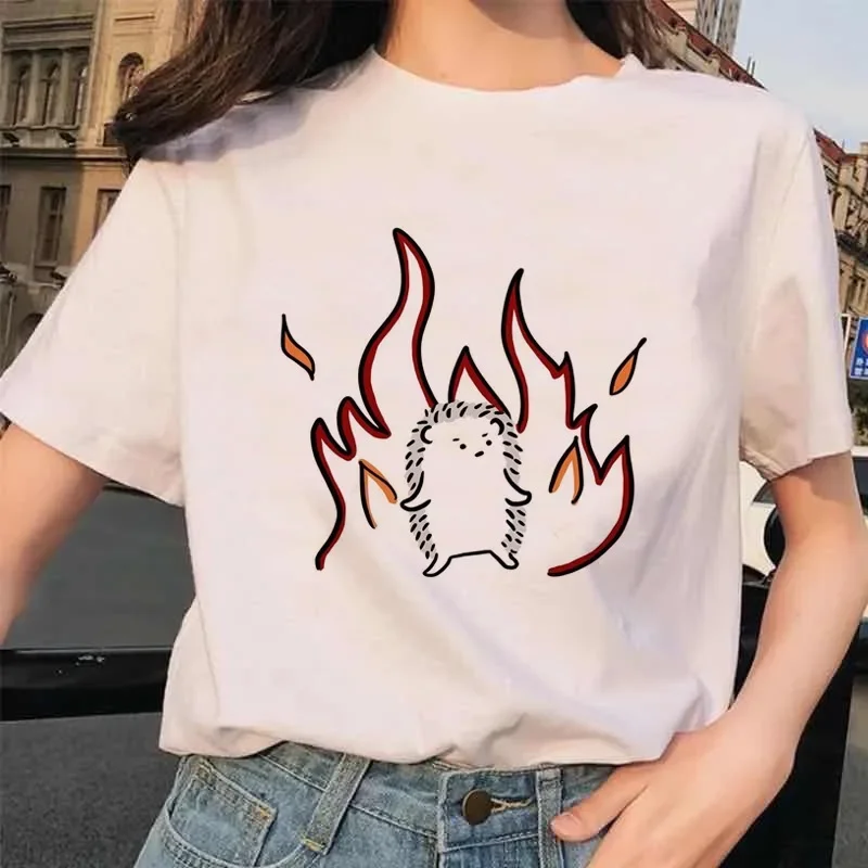 Neues Damen-T-Shirt mit Cartoon-Igel- und Esel-Print, Sommermode, kurzärmelig, Rundhalsausschnitt, für Freizeitkleidung, Grafik-T-Shirts