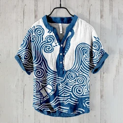 Linen short-sleeved shirt men's casual comfortable printed V-neck Hawaiian Ocean Wave series oversized size S-6XL fast delivery