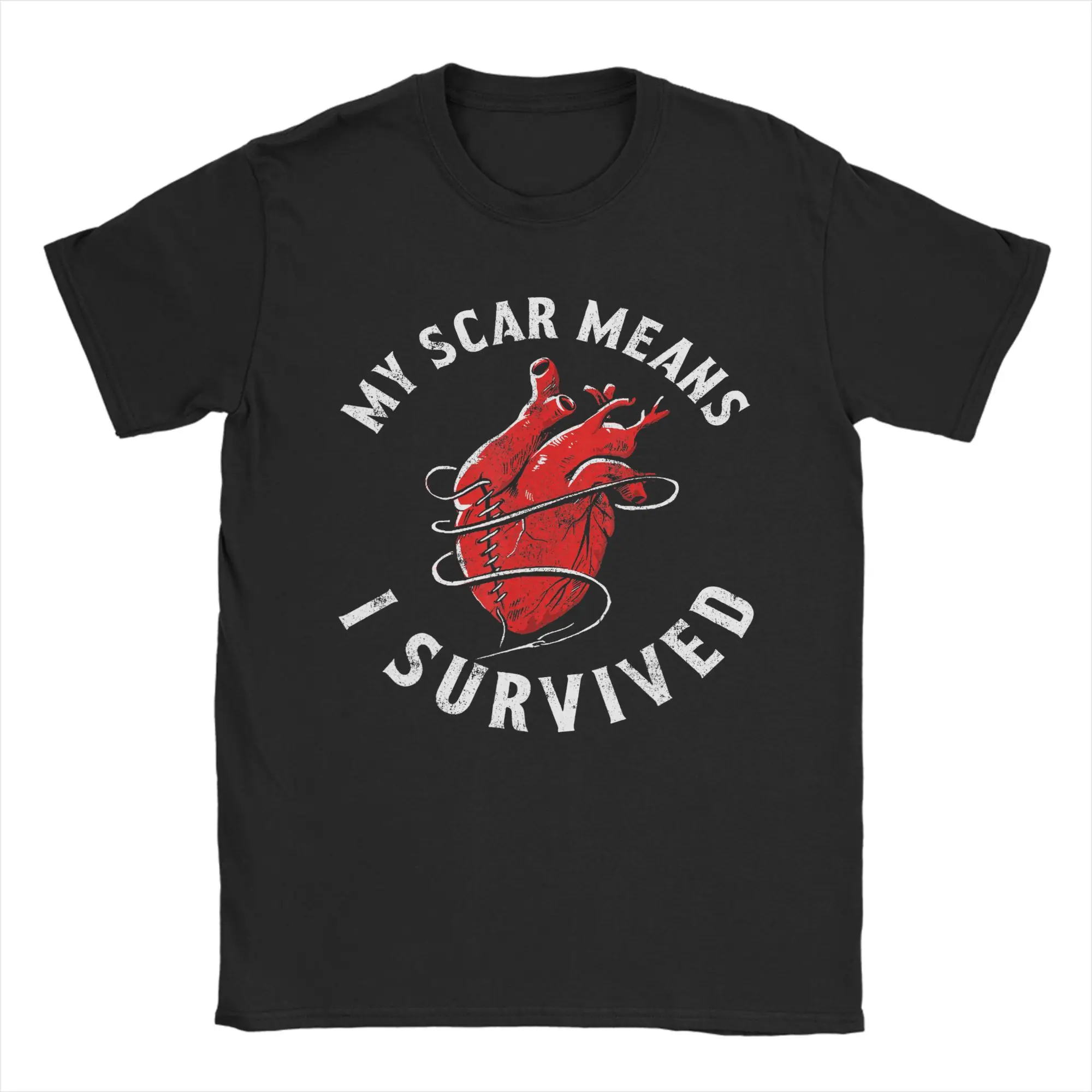 Vintage My Scar Means I Survived Heart  T-Shirt for Men Crewneck 100% Cotton T Shirts  Short Sleeve Tees 4XL 5XL 6XL Tops