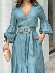 Summer Dress Women 2023 Spring New In Vintage Lapel Lantern Sleeve Lace Up belt Women Clothing Shirt Elegant Chic Long Dress