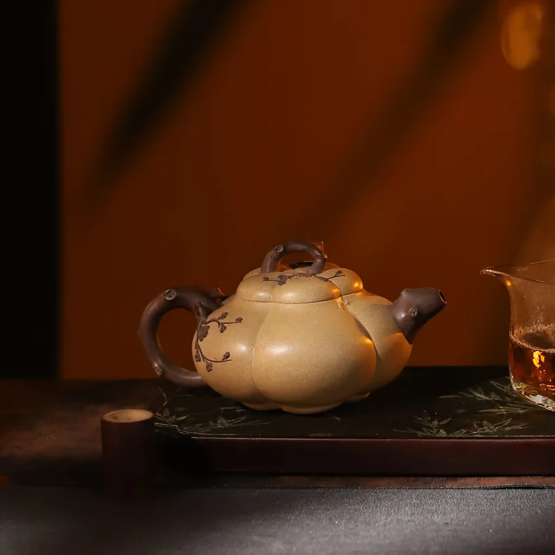 Authentic Yixing Zisha Teapot Handcrafted By A Famous Artisan Made From Pure Raw Clay Large Capacity Ribbed Plum-Shaped