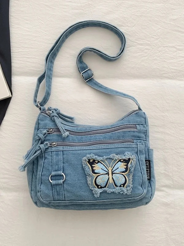 Casual Canvas Denim Crossbody Bag Multi-Layer Single Shoulder Bag for Outdoor And Class Young Women's Fashionable Tote Bag