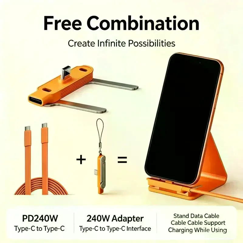 240W 2-in-1 Black/Orange Fast Charging Foldable Bracket Data Cable Type-C To Type-C Data Wire With Phone Tablet Stand Adapter