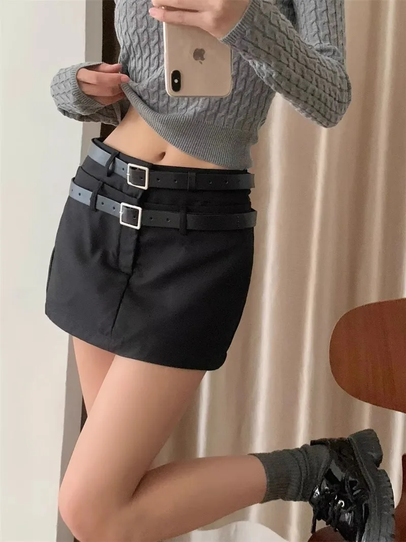 Jupe trapèze amincissante taille haute avec Double ceintures, jupe de rue pour femmes, Design de couleur Pure, printemps 2024