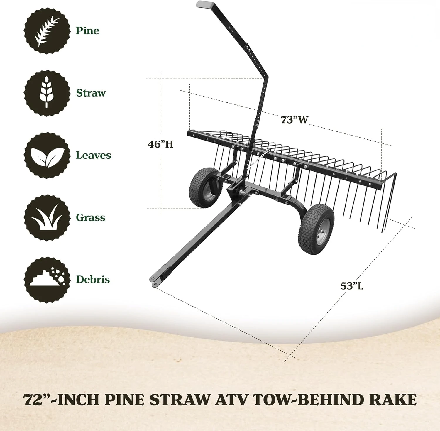 Tuff 72 Inch Heavy Duty Durable Steel Pine Straw Rake with Wheels, Lift Handle