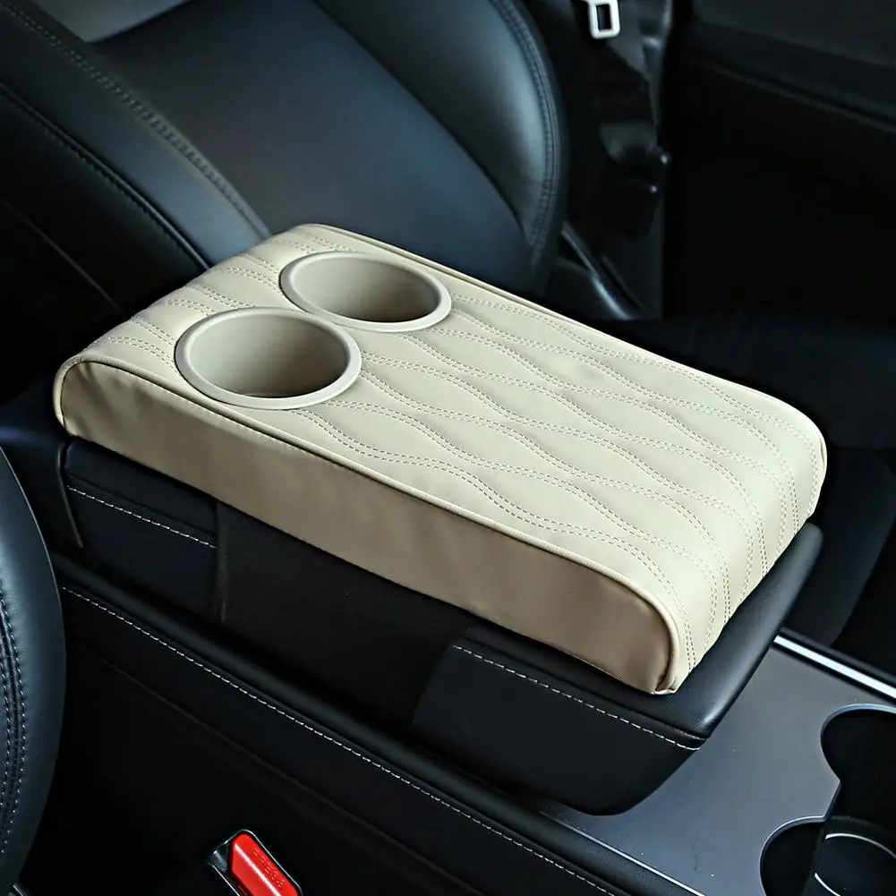 Car Center Console Armrest Pillow Soft Comfortable Memory Foam Armrest Cushion Mat with 2 Cup Holder Universal for Most Car