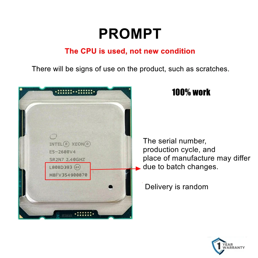 معالج Intel Xeon E5 2680 V4 2.4 جيجا هرتز 14 نواة 120 وات LGA 2011-3 2680V4 وحدة معالجة مركزية مستعملة