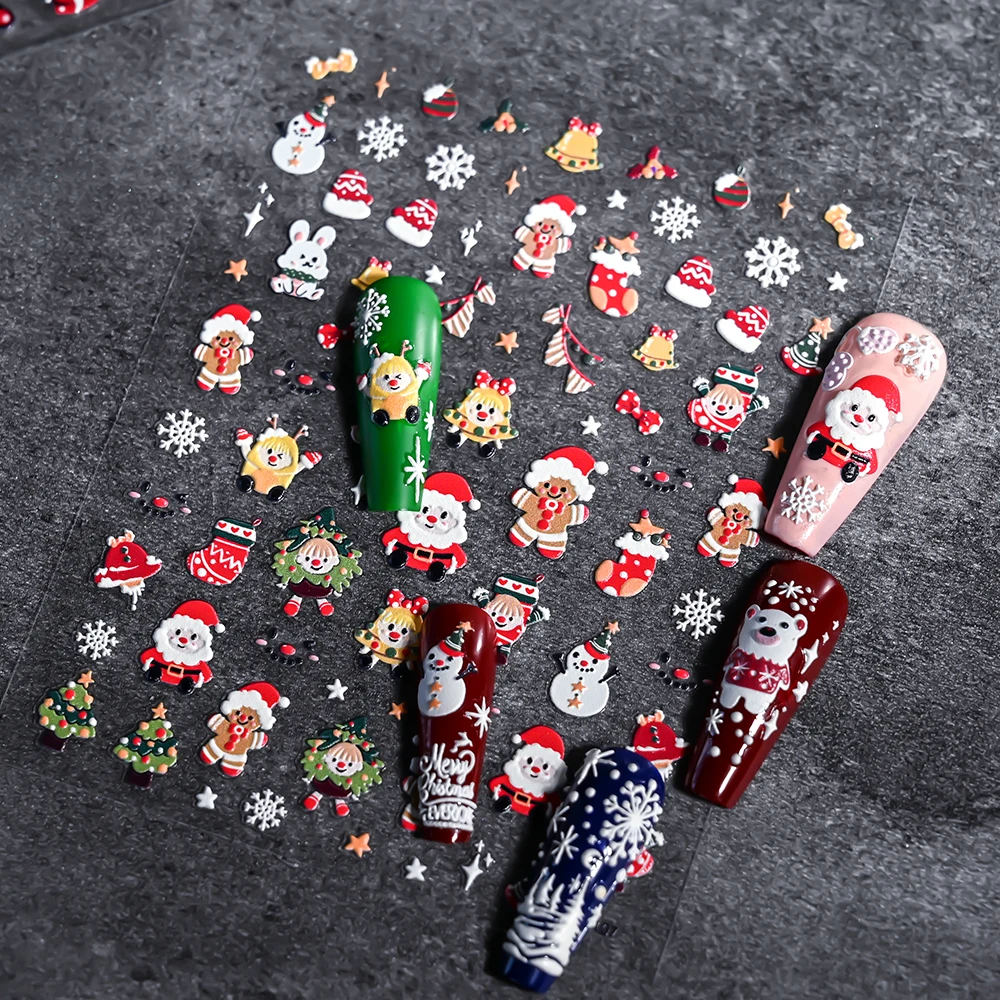 1개 5D 크리스마스 트리 엘크 네일 스티커 만화 눈송이 산타클로스 눈사람 접착 데칼 새해 겨울 매니큐어 슬라이더