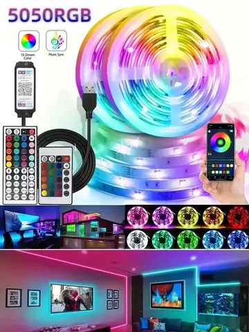 Smart RGB 5050 LED Wall Strip Lights Bluetooth Music Sync APP Remote Flexible Ribbon for TV Backlight Bedroom Home Party Decor