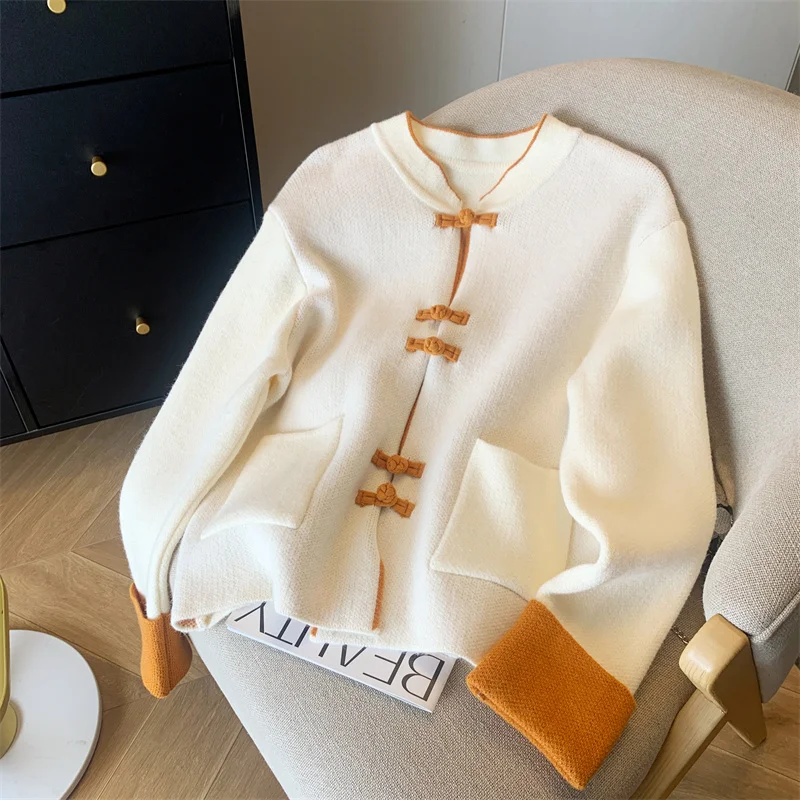 

Y2k New Chinese Style Knitted Cardigan coat Women's Autumn Fashion Buckle Design Sweater Jacket Long Sleeve Vintage Outfit XQ66