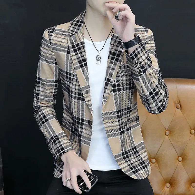 Man Suits And Blazers Thin Slim Fit Plaid Classic Jacket For Men Elegant Youthful Emo Fashion 2024 Coats Spring Clothes Summer