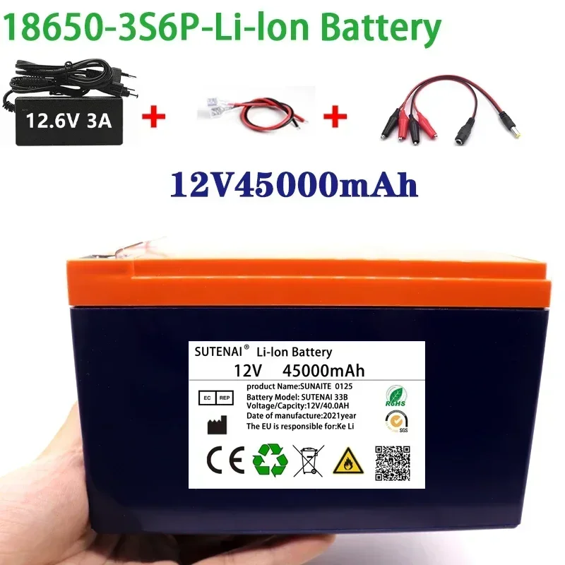 NEW 12V 45Ah 18650 lithium battery pack 3S6P built-in high current 40A Solar street lamp, xenon lamp, backup power supply, LED