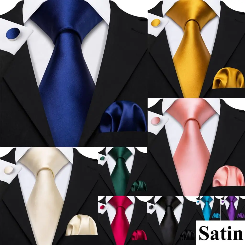 Satin Silk Men Tie Pocket Square Cufflinks Set Jacquard Smooth Pure Solid Formal Necktie for Male Wedding Business Barry.Wang