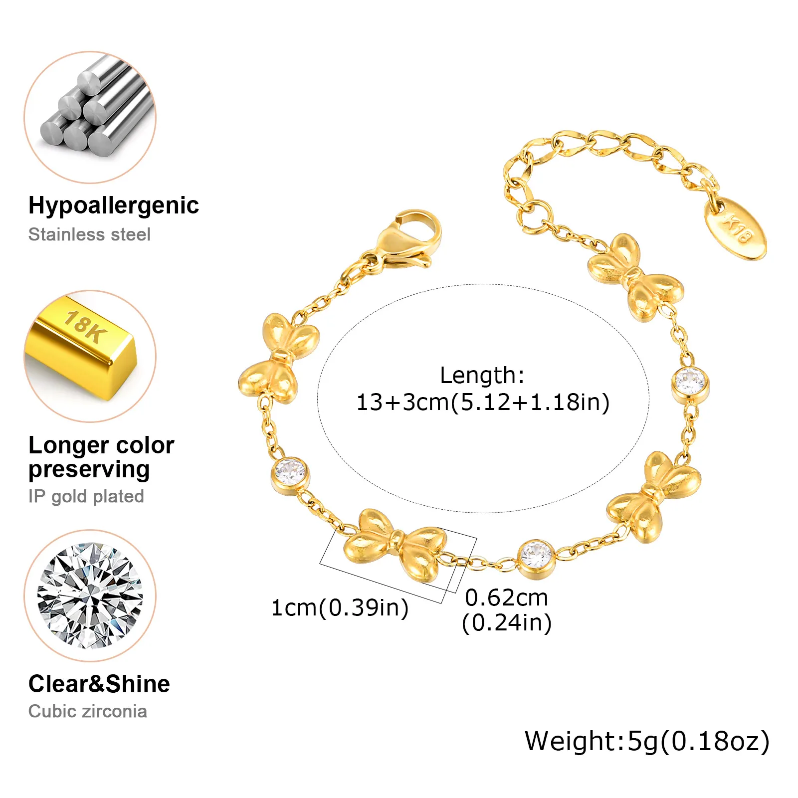 Vnox Stainless Steel Children\'s Bracelet For Baby Girls,Cubic Zirconia Inlay With Bow Element Chain,Cute Style Jewelry Daily