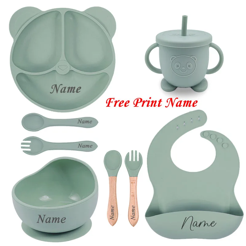 Silicone Bear Plate For Kids 8Pcs Baby Feeding Set Personalized Name Logo Baby\'s Exclusive Tableware Customized Newborn Gift