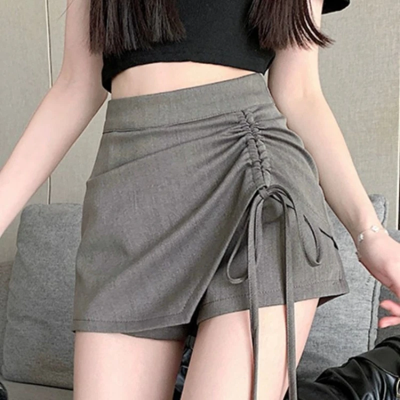 Saia feminina assimétrica plissada de cintura alta coreana sle cabida linha a saia ortod tecido de poliéster