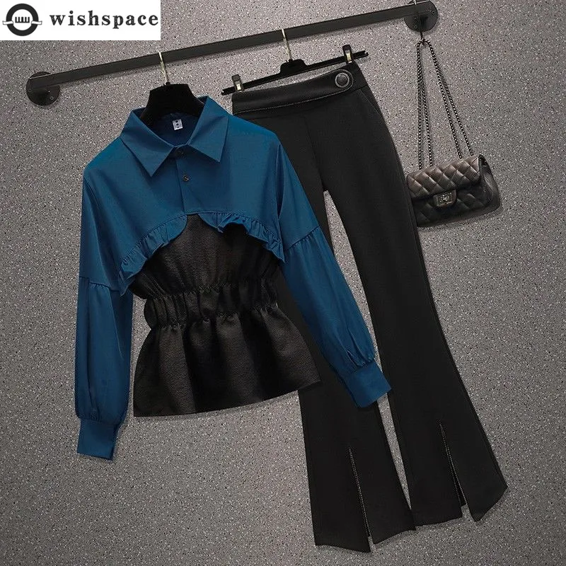 Autumn 2022 New Ruffle Panel Pleated Chiffon Shirt Casual Wide Leg Trousers Two Piece Elegant Women's Pants Set Female Trousers