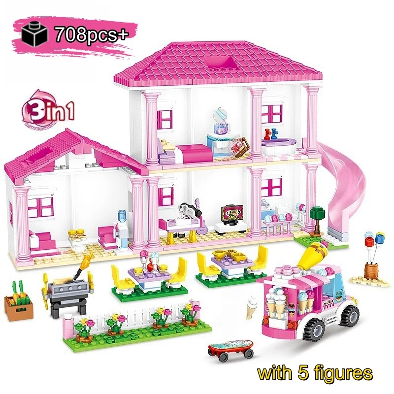 บล็อกสร้างบ้าน 3in1 สไตล์วิลล่าสำหรับเด็กผู้หญิง ของเล่นสร้างสรรค์สำหรับตกแต่งโต๊ะทำงาน ของขวัญวันเกิดและคริสต์มาสสำหรับเด็กผู้หญิง