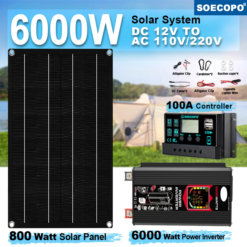 

SOECOPO 6000W Solar Power Station 800W Panel 100A Controller 12V To 110V 220V AC with Alligator Clips for Camping Home CE FCC