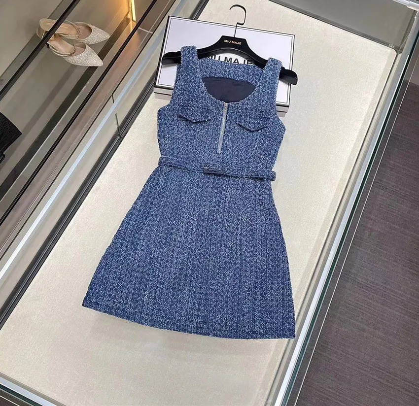 2024 New Runway Autumn Denim Mini Dress Sweet Fashion Women Square Collar Front Zip Sleeveless Tank Lace Up Belt Party Vestidos